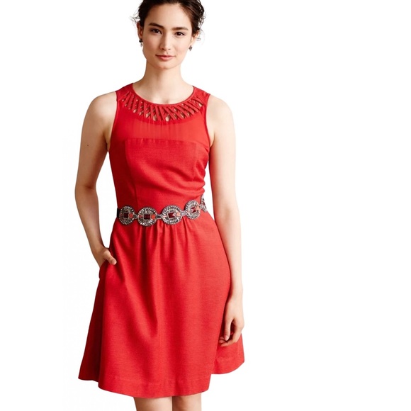 Anthropologie Dresses & Skirts - Anthro Maeve Lattice Neck Fit And Flare Skater Dress in Bright Red size 2